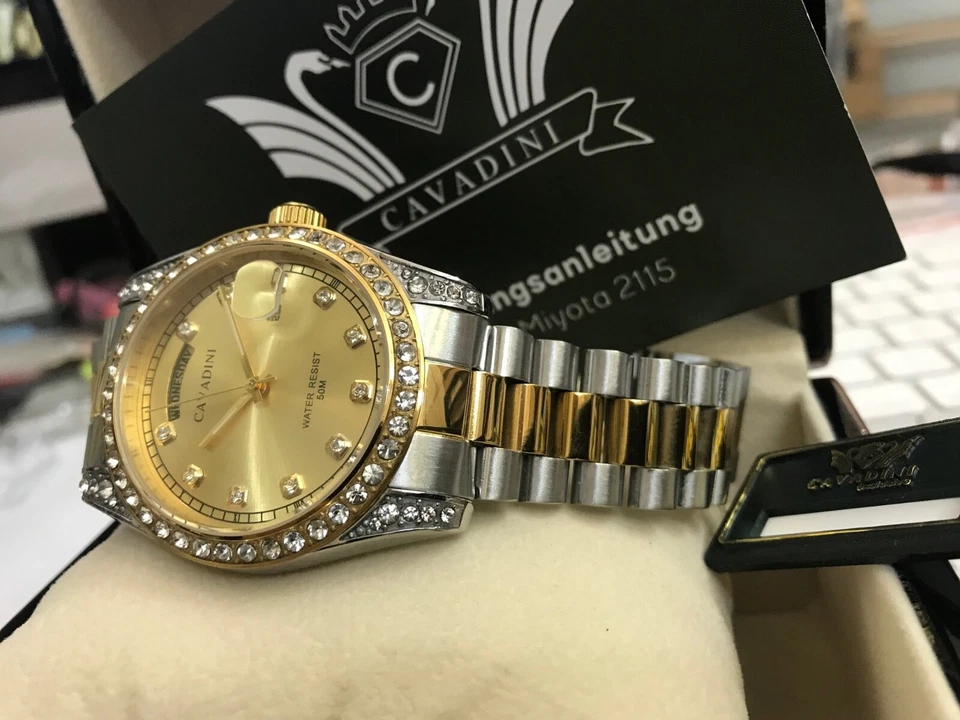 Cavadini Leonardo Herrenuhr massiv Edelstahl IPG-vergoldet bicolor Zirkonia  - Bild 3 von 4