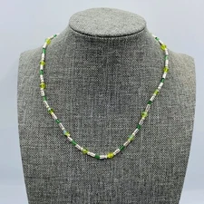 ZAD Beaded Necklace 14" Green Yellow Silver Tube Beads Boho Layering Festival