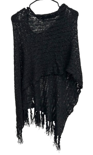 Poncho Fantazia nero in maglia con orlo frange misto lana acrilica taglia unica