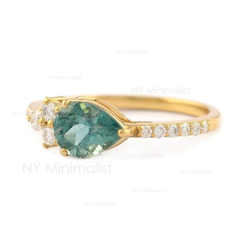 Halo Pear Green Tourmaline SI Clarity G-H Diamond Solid 18K Yellow Gold Ring - Picture 15 of 22