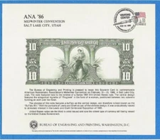 BEP souvenir card B 88 ANA Midyear 1986 V/C cancel back 1901 $10 Legal Tender