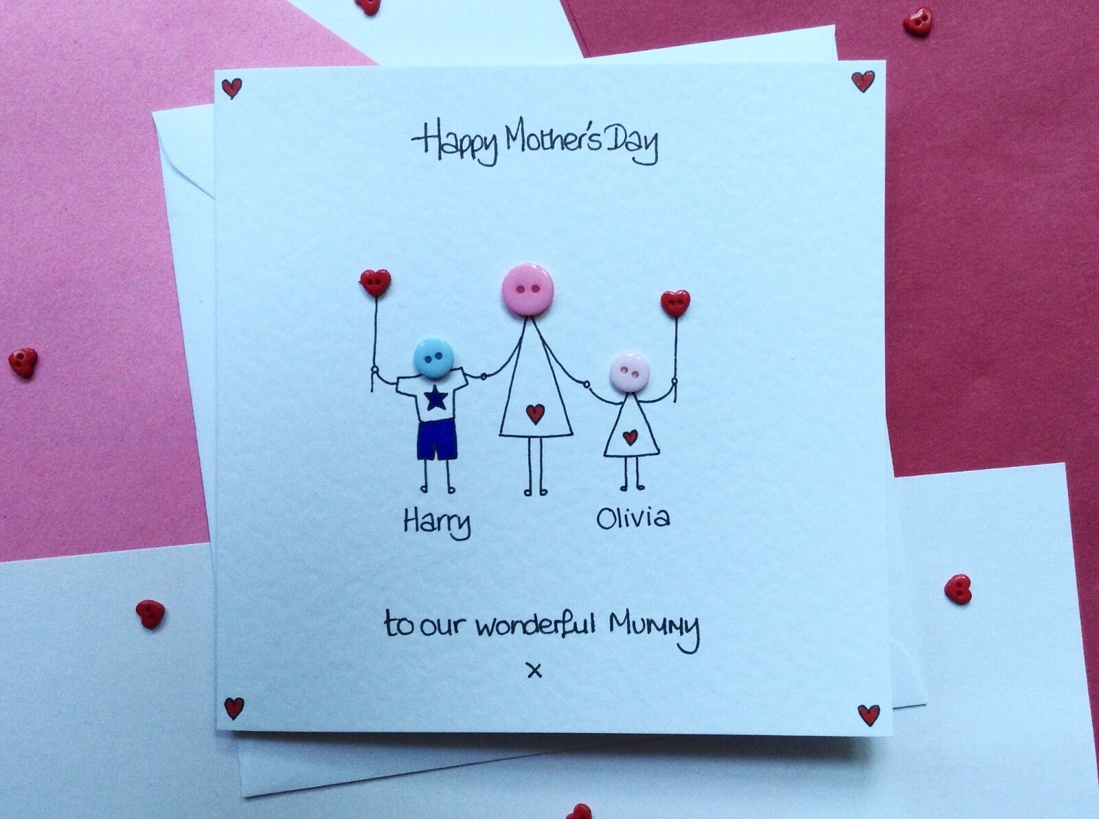 Personalised Handmade button Mothers Mother's Day card boy girl son ...