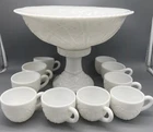 Vintage White Milk Glass Large 13" Punch Bowl Set 10cups