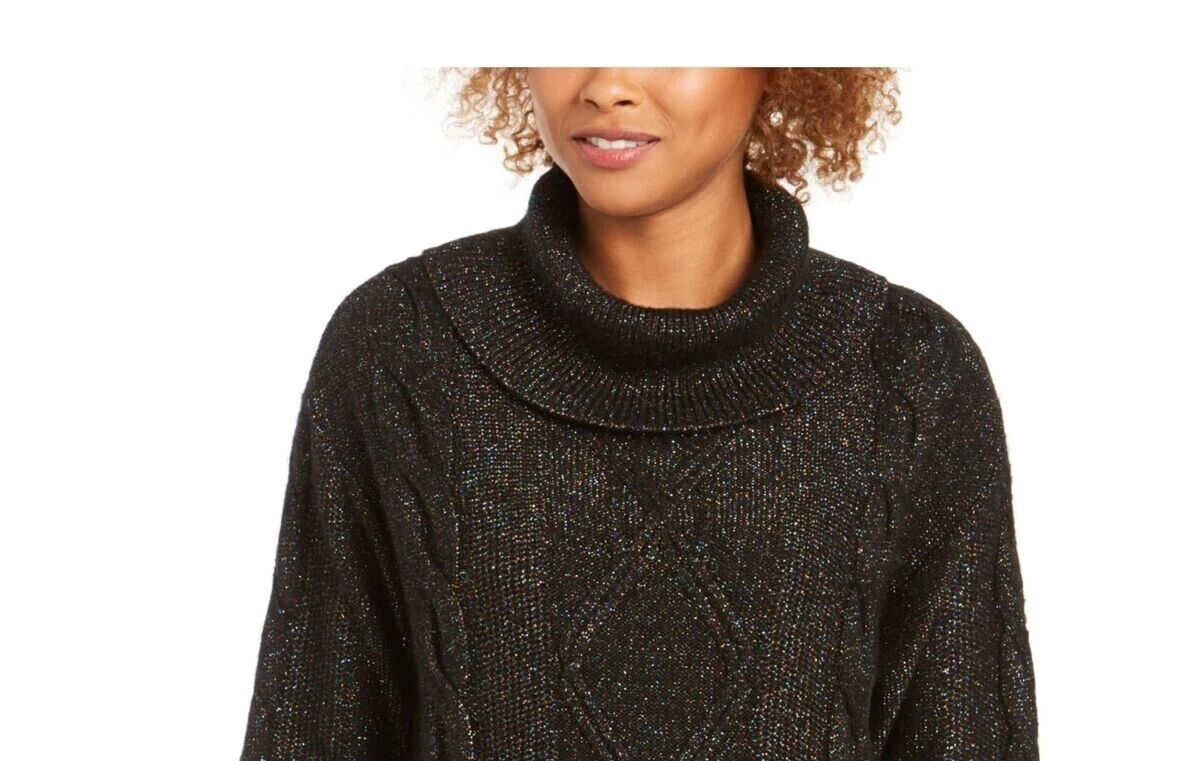 MSRP $80 Charter Club Cowl-Neck Cable-Knit Glitter Sweater Black Speckle, M  | eBay