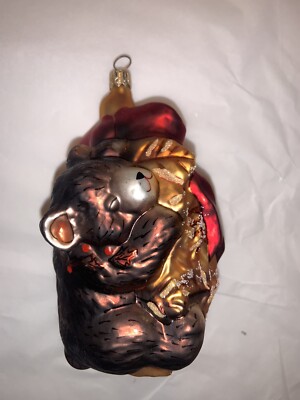 Radko Brown Bear Hugging Bee Hive ? W/Bird Glass Ornament