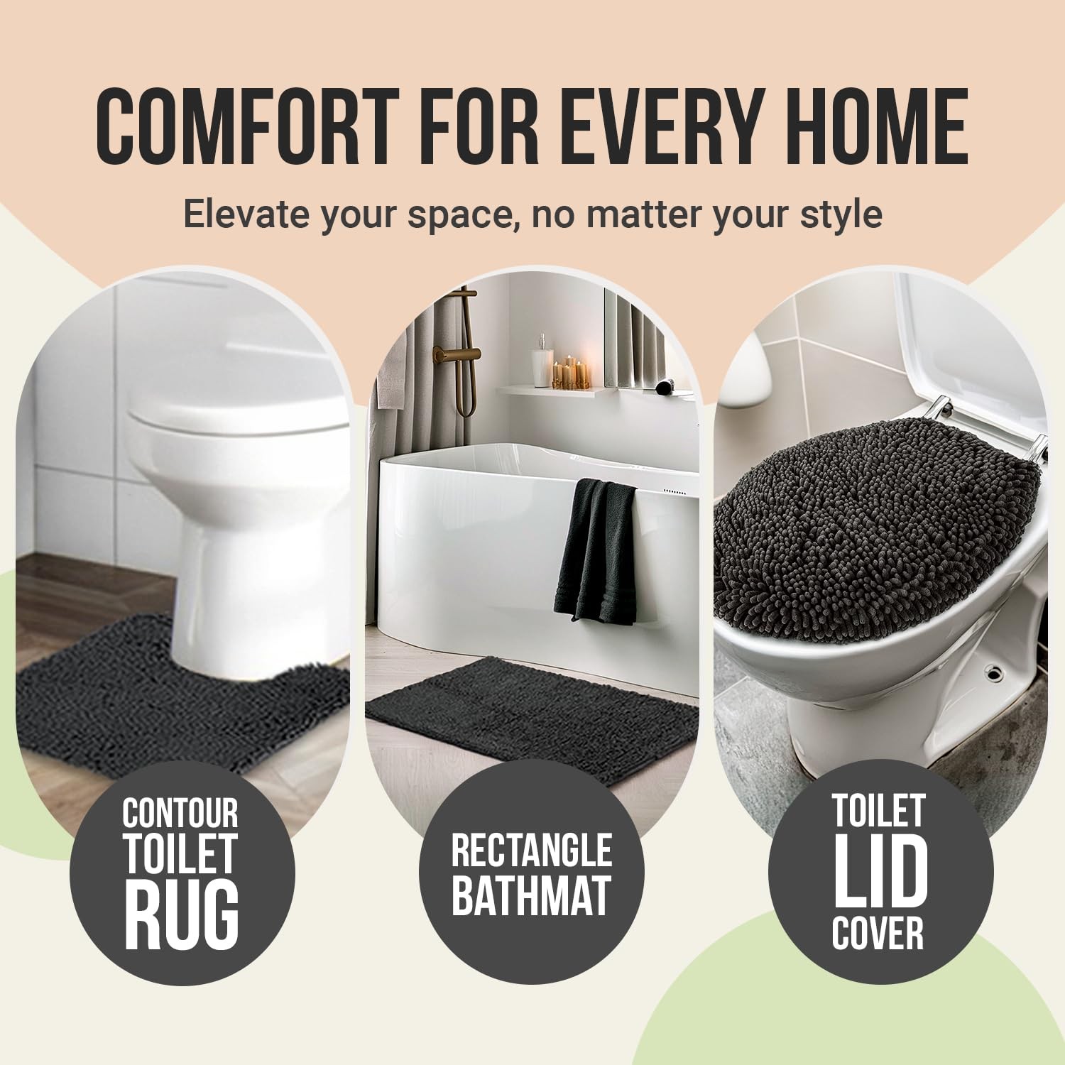 3pc Non-Slip Shaggy Chenille Bathroom Mat Set, Includes 24 x 21 Inches U-Shap...