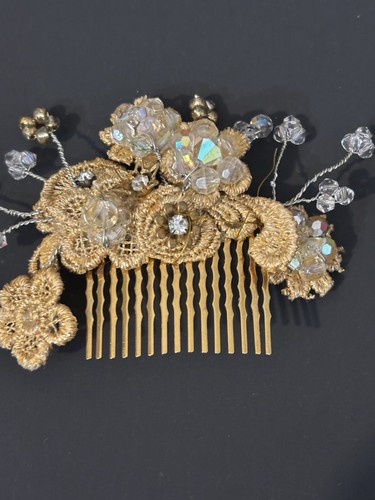 Peine de pelo de boda vintage material cristales flores doradas tallos de cristal hecho a mano - Imagen 2 de 5