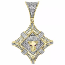14K Yellow Gold FN Diamond Lion Head Statue Medallion Pendant Charm 1 CT.