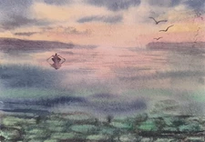 Original Artwork Modern Painting Landscape LONELY FISHERMAN BOAT Art Seascape A5