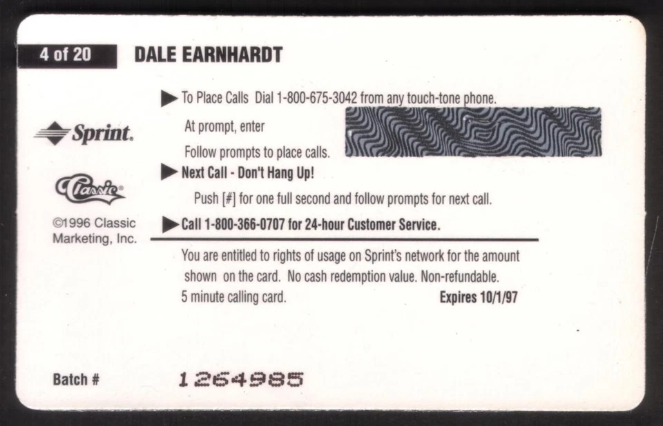 Clear Assets 1996: Dale Earnhardt (Card #4 of 20) Phone Card - Image 2 of 2