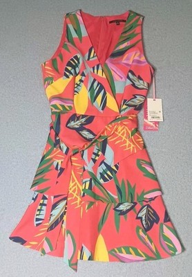 NWT! Alex Marie Aliya Tiered Vneck Dress Womens Size 8 Tropic Breeze Red Tie...