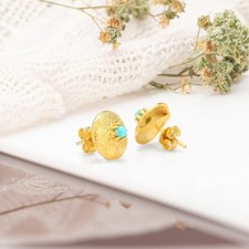 Natural Turquoise Stud Earrings 925 Sterling Silver Gold Plated Boho Round Gift