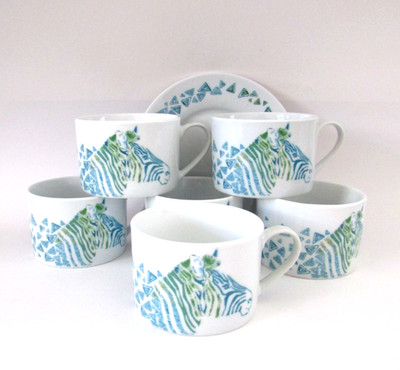 La Chaise Longue Paris Porcelain BlueZebra AfricanAnimals Cups&Saucers Set 6