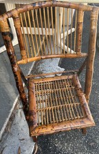 VTG Folding Chair Brown Bamboo Tortoise Rattan Boho Tiki Vintage Coastal