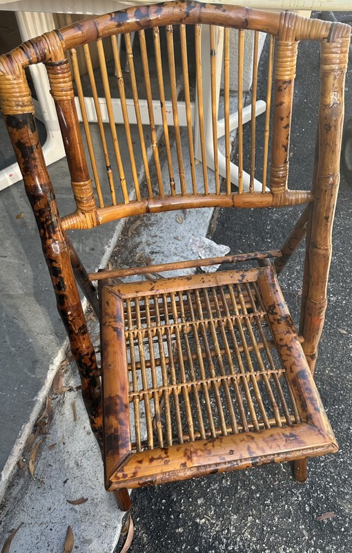 VTG Folding Chair Brown Bamboo Tortoise Rattan Boho Tiki Vintage Coastal