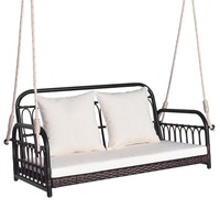 COSTWAY 2-Person Patio Wicker Swing Chair Hanging Outdoor Swing Bench w/Cushions