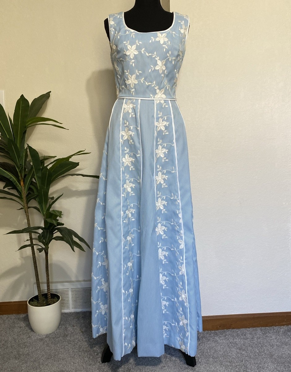 blue stripe floral dress Embroidered Blue Stripe Floral Midi Dress main image 0