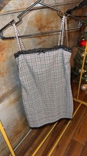 Windsor Plaid Slip Dress Lace Trim Charcoal Straight Neck Size M
