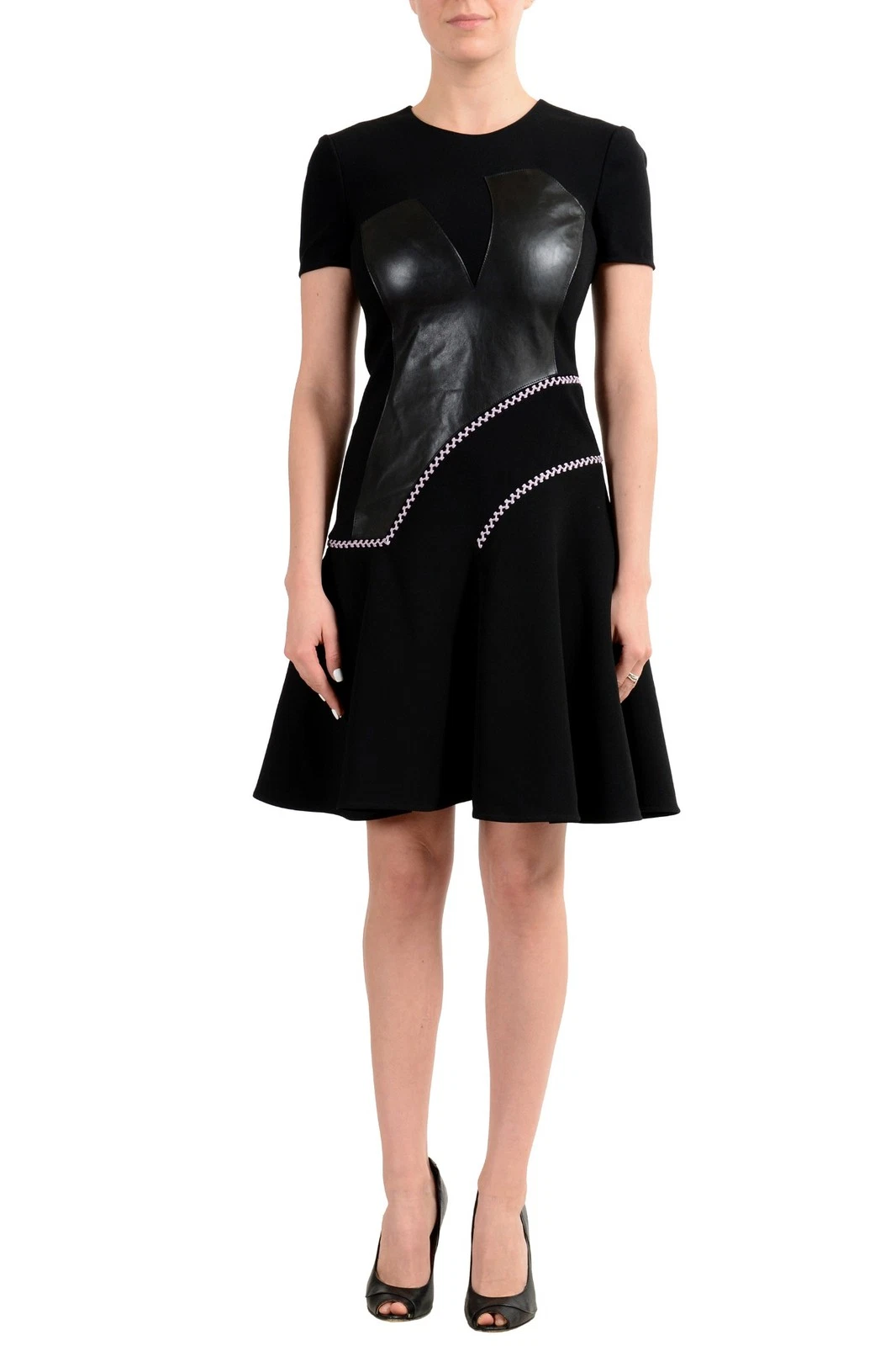 Versace — Versace Black Short Sleeve Leather Patch Women's Sheath Dress US S IT 40