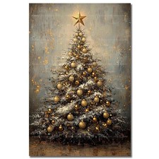 Vintage Christmas Tree Art Print, Star Top Holiday Scene Poster, Cozy Wall Decor