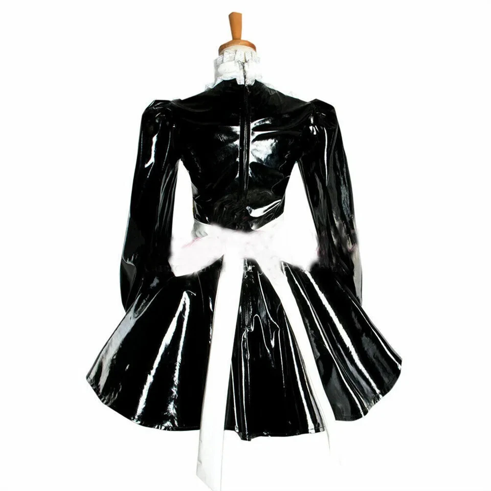 Vestido Sissy Wetlook PVC Lolita Mucama Disfraz Con Delantal de Encaje Adulto Juegos con disfraces Vestido Foto 2 de 4