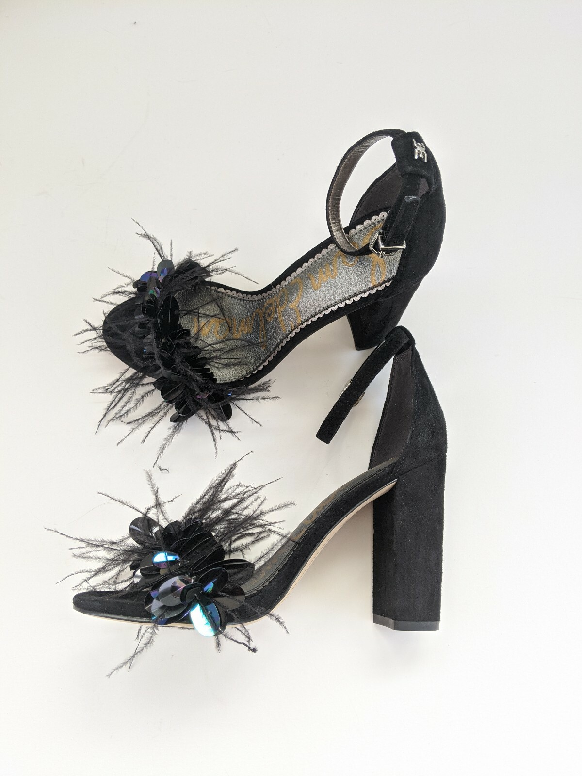 black feather block heels