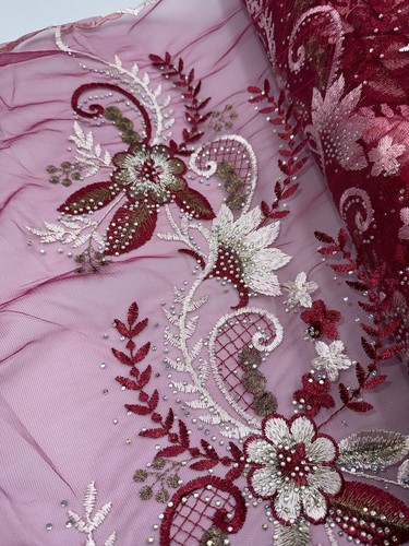 1 mtr wine maroon embroidered studded scalloped bridal tulle net fabric 52” wide - Picture 2 of 4