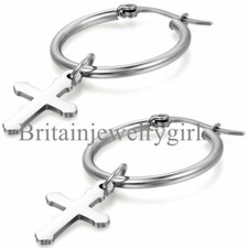 Stainless Steel Big Circle Hoop Huggie Earring Cross Drop Dangle Earring Women