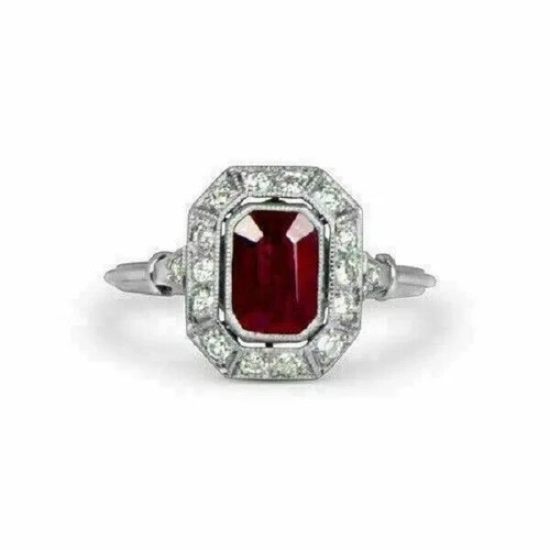 2Ct Emerald Lab Created Red Ruby Wedding Ring 14K White Gold Plated Silver - Picture 5 of 5
