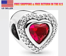 Authentic  Sparkling Love Red Crystal Heart Charm S925 Sterling Silver Bracelet