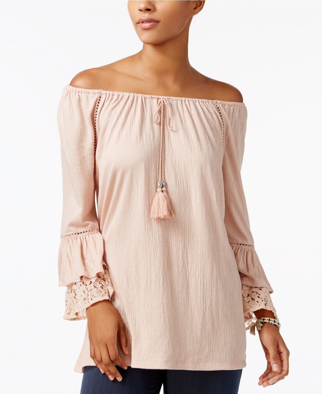 Style & Co Off The Shoulder Lantern Sleeve Crinkle Top in Natural Blush Size XL