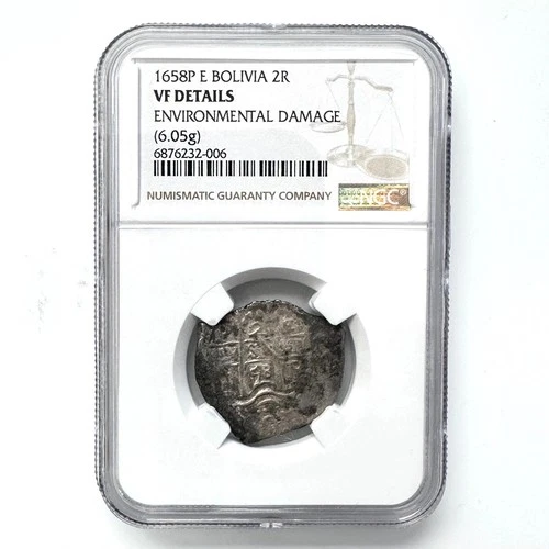 BOLIVIA 1658P E 2 REALES NGC ENVIRONMENTAL DAMAGE SILVER COIN VF DETAILS 6.05g