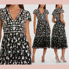 NWT MAC DUGGAL [ 18 ] 35104 Embroidered V Neck Cap Sleeve Midi Dress Black S1505