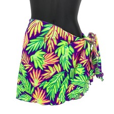 Vintage 90s Sarong Wrap Skirt One Size Swim Coverup Neon Print Tropical Leaf