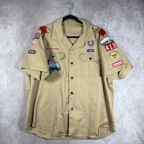 Vintage Boy Scouts Of America Uniform Shirt Mens Size XL Khaki Patches Pins 