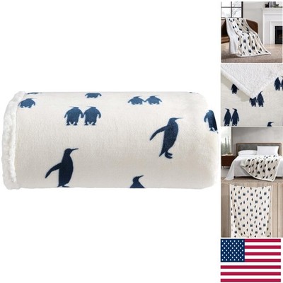 Lightweight Emperor Penguin Blue Throw Blanket - Rustic Sherpa Design, 50'' x 60''