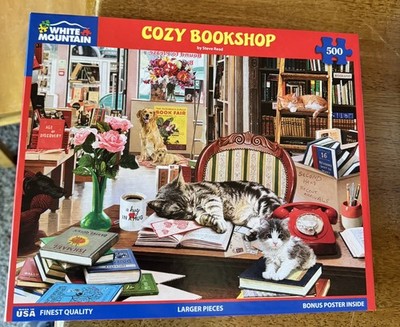 Cozy Bookshop COMP 500 pc Puzzle Book Fair Cat KITTEN Dog Puppy Flowers Phone