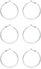 3 Pairs Sterling Silver Hoop Earrings, 14K White Gold Plated Big Hoop Earrings S