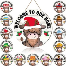 13 Set Interchangeable Highland Cow Welcome Sign 11.8 Inch natural wood