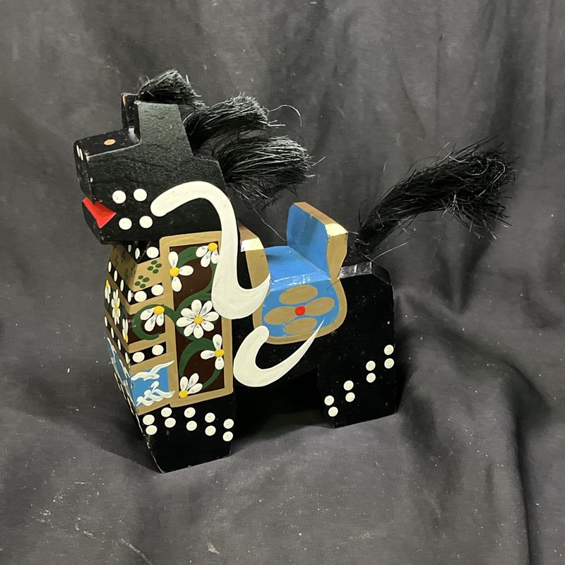 Yawata Uma Wooden Horse Figurine Black Hand Painted Vintage Japan 6.5” Tall