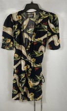 Reformation Women's Black Bird Floral Print Puff Sleeve Mini Wrap Dress Sz XS