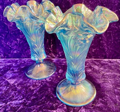Fenton Art Glass 7” Misty Blue Satin Opalescent Iridescent Daffodil-Set Of 2