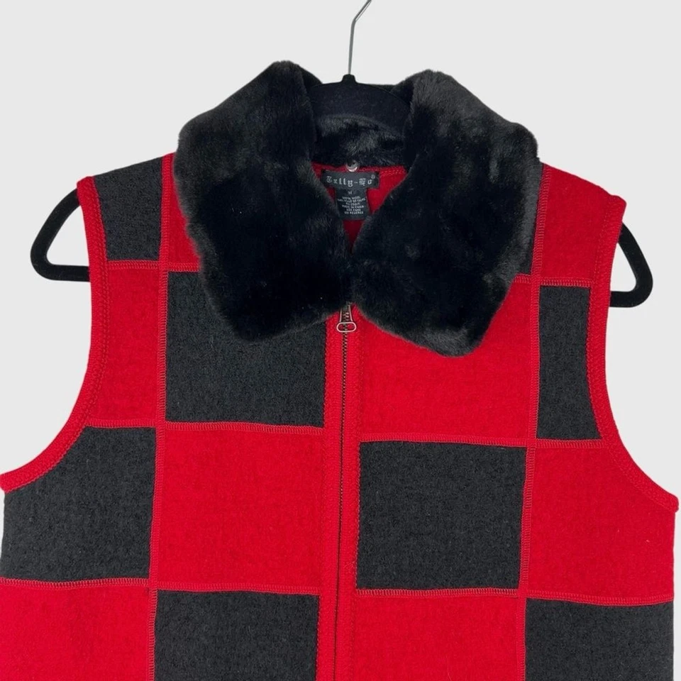 Chaleco Suéter Vintage M Rojo Negro Lana Imitación Piel Cuello Extraíble Cremallera Vacaciones Foto 4 de 4