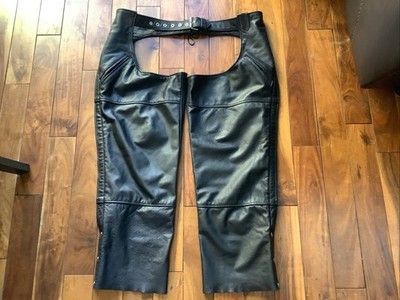 FMC Adult Chaps Size 2X Black Leather Adjustable Waist Biker Motorcycle-EUC!
