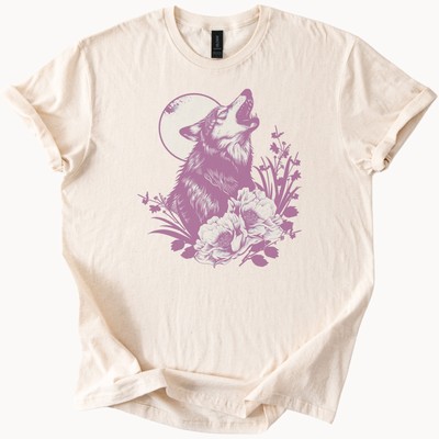 Wolf and Moon Floral Graphic T Shirt Nature Animal Art Cream Tee Gift