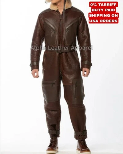 B3 Flight Men 100% Real Sheepskin Shearling Leather Aviator Bomber Jacket Suit