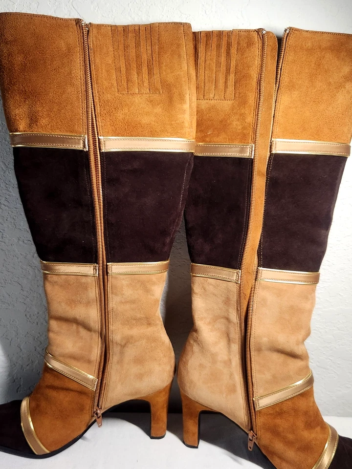 Botas altas Bellini Victoria couro camurça tamanho 9,5W colorblock marrom bronzeado dourado... - Imagem 2 de 4