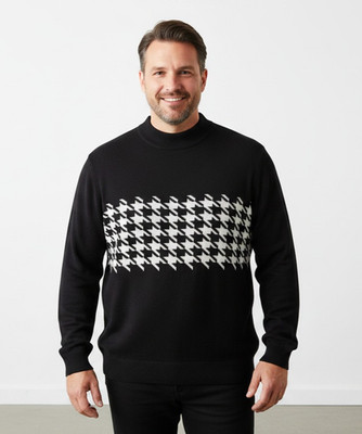 RAINBOW Herren Pullover Gr 60 62 XXL Schwarz Weiß Hahnentritt Strick Baumwolle