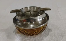 Rare Jeanette Glass Amber Windsor Diamond Ashtray Chrome Top Nice