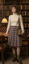 Vintage Windlass Wool Plaid Skirt Large Blue Tan Pleated Midi Dark Academia